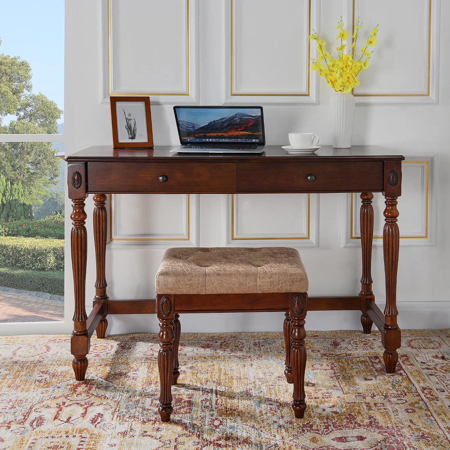 LEEMTORIG Vanity Stool Bench Ottoman Stool, Traditional Victorian Style Piano Bench Chair, Upholstered Button Tufted Solid Wood Short Bench, 14.2' Dx18.5 Wx19.1 H, Yellowish Brown Fabric, FD-1533-LT