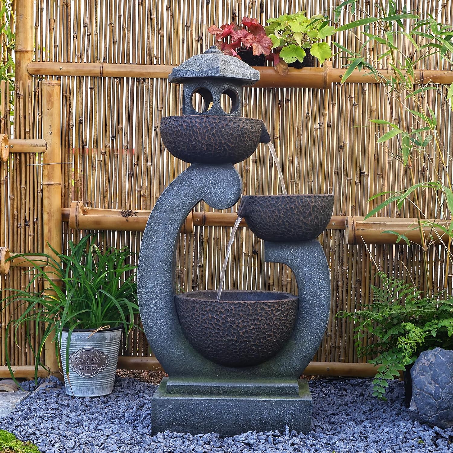 Bumilgar 35.24'H Zen Outdoor Water Fountain Garden, Japanese Lantern Multi-Tier Waterfall Fountain Water Feature with Lights for Patio, Garden & Porch