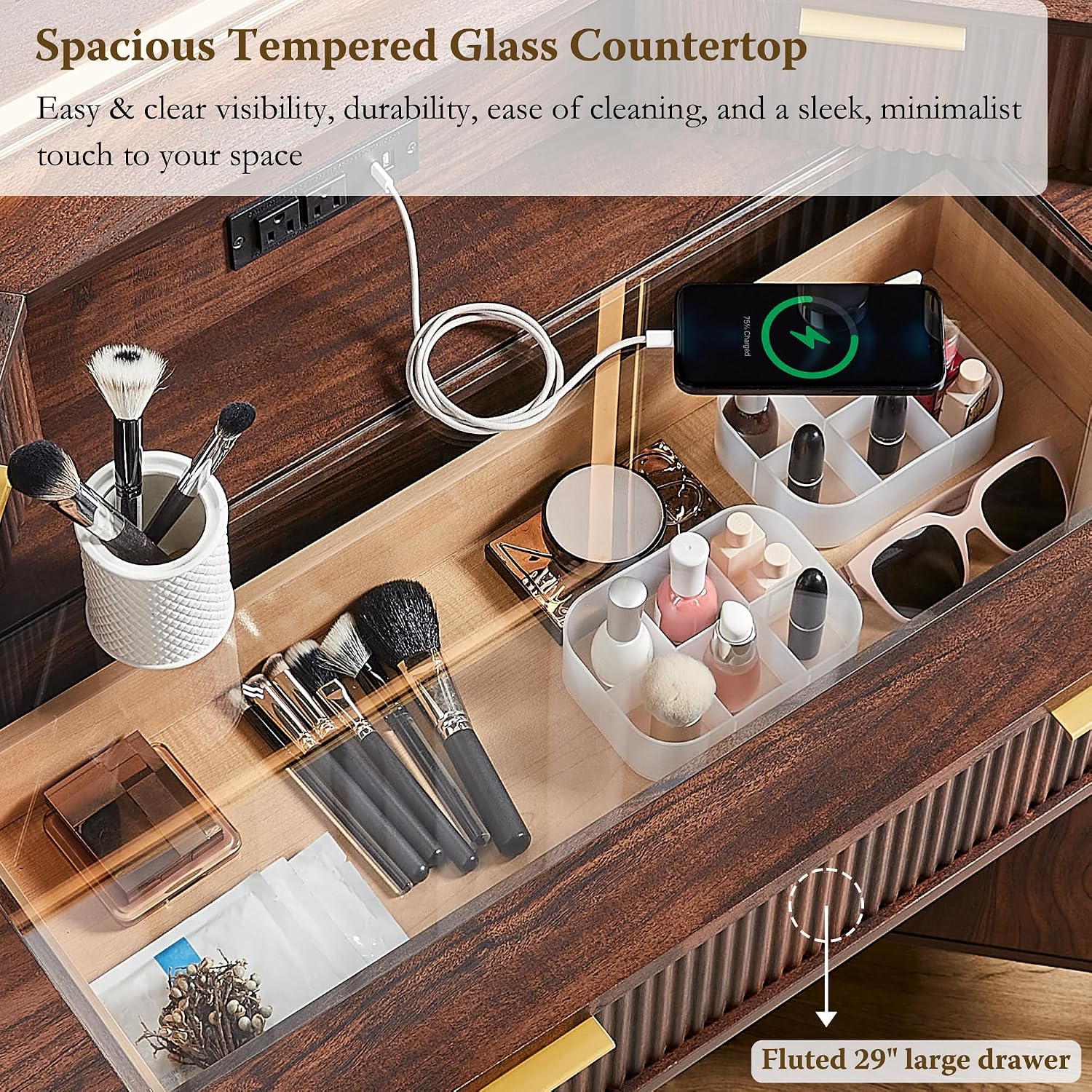 T4TREAM 48' Fluted Makeup Vanity Desk with HD Triple Mirror and Lights, Large Lighted Corner Vanity with Glass Top, Modern Dressing Table with 3 Drawers & 2 Cabinets for Bedroom, Dark Walnut