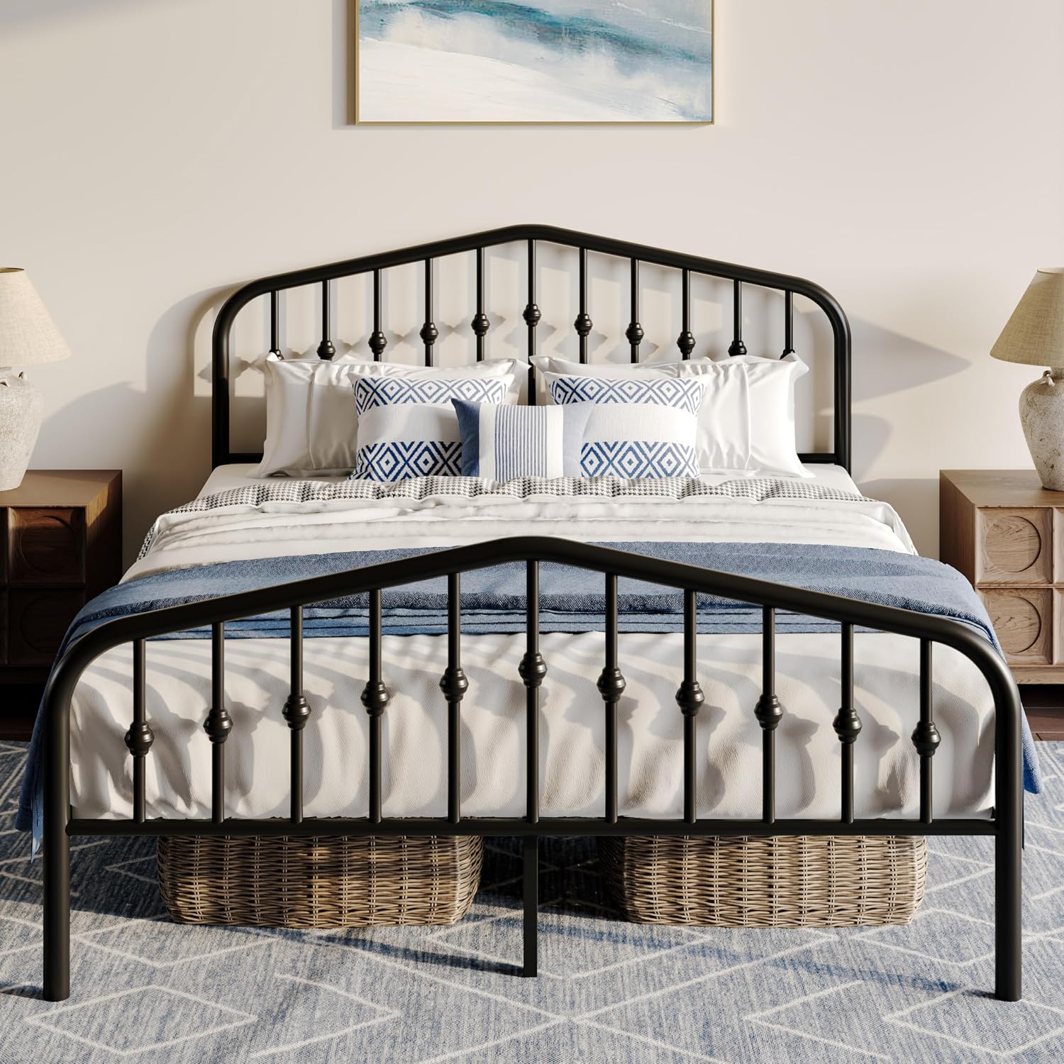WEEWAY Full Size Metal Platform Bed Frame with Vintage Style Wrought Iron Headboard and Footboard,No Box Spring Needed,Easy Assembly, Black