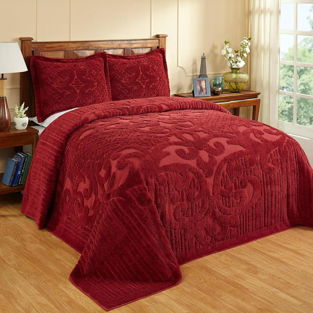 Better Trends Chenille Bedspreads Twin Size, Burgundy 100% Cotton Chenille Medallion Design Tufted Bedding Coverlet Soft Lightweight, 96'x110' with 1 PC Sham 2 Pieces Set Ashton Collection