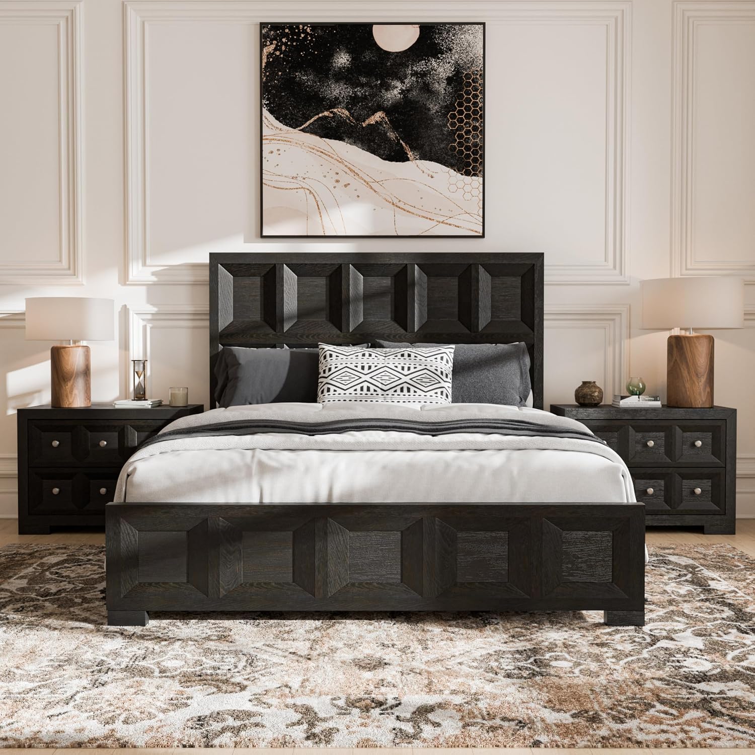 Furniture of America Dannen Modern Solid Wood 3-Piece Bedroom Set with Oversized Nightstand, Cedarwood-Lined Bottom and Felt-Lined Top Drawers, Box Spring Needed, King, Weathered Black