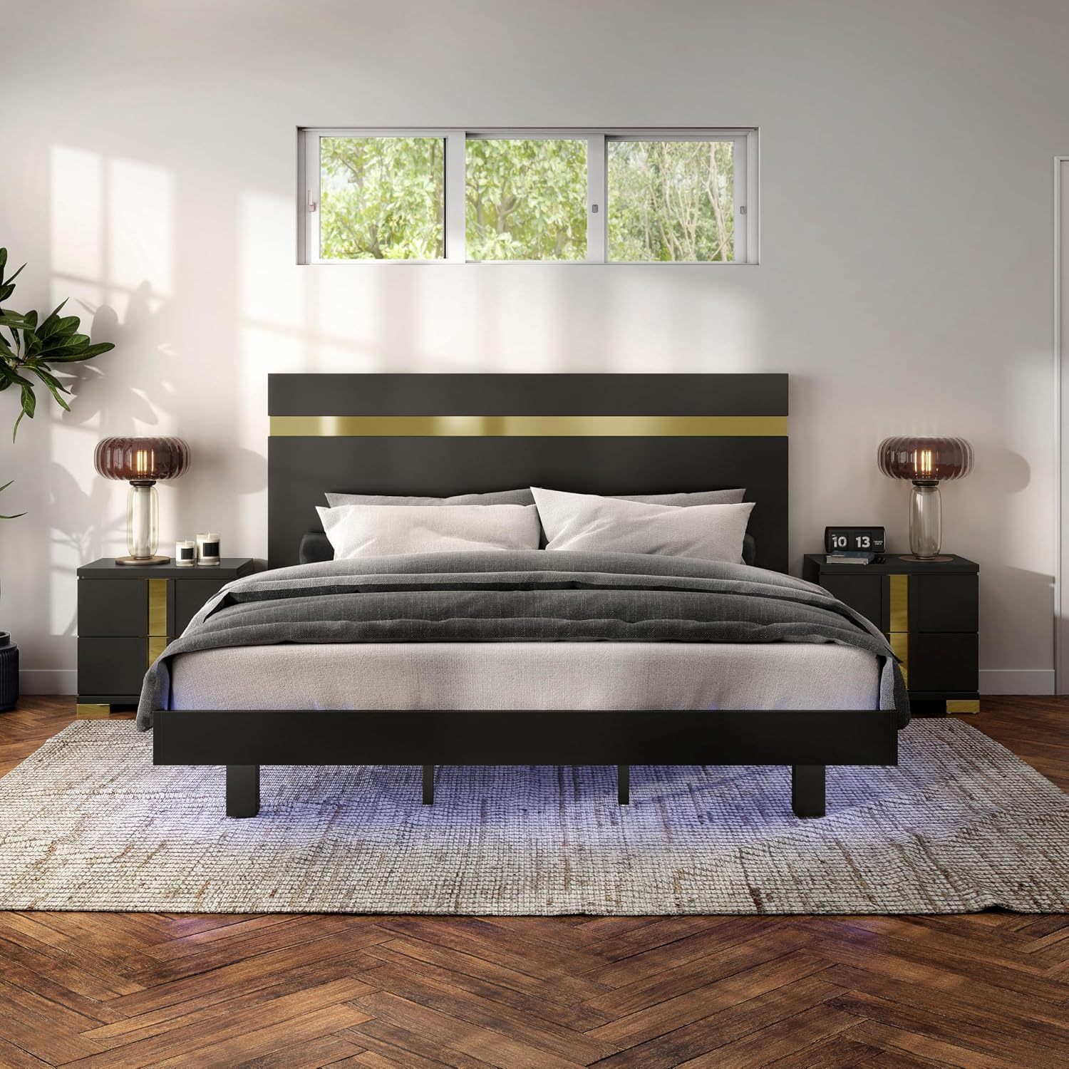 Furniture of America Ansten Modern Wood 3-Piece Platform Bedroom Set with Gold Trim, Underbed LED, Dust Proof Cases, Bracketed Metal Legs, No Box Spring Needed, Queen, Black