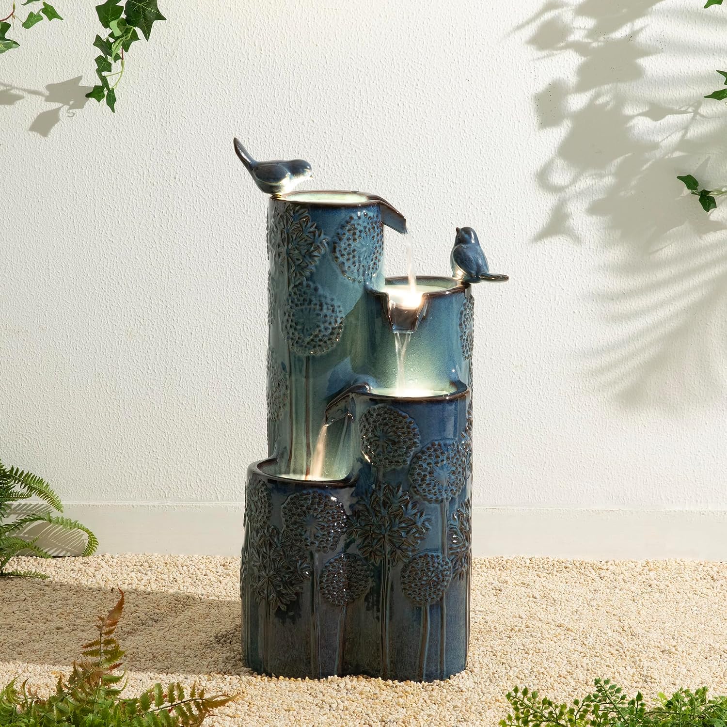 Glitzhome 27' H Outdoor Water Fountain with LED Light, Pump & Adapter, 4-Tier Turquoise Dandelion Vase Ceramic Cascading Garden Fountains Waterfalls with Birds, for Porch Deck Patio Backyard