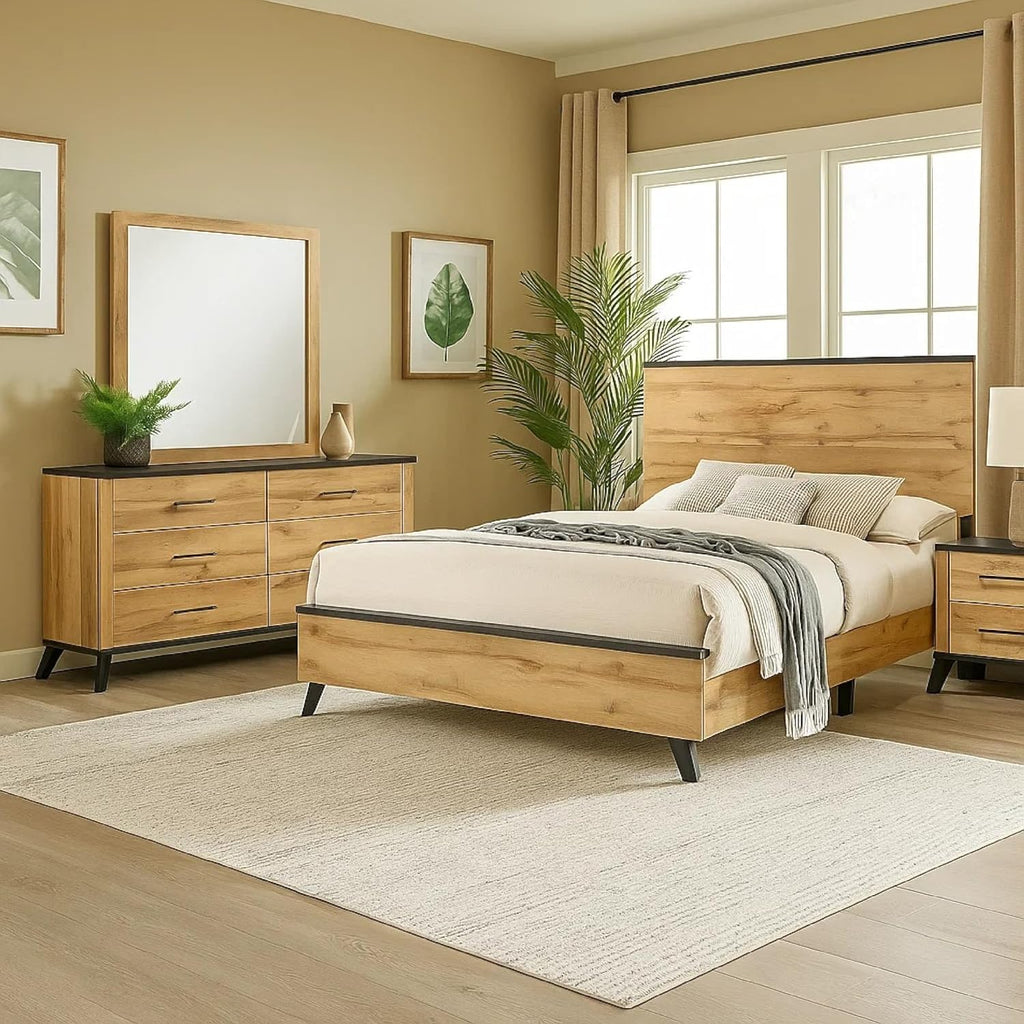 Benzara Wemy 4 Piece King Size Bed Set, Rustic Brown Pine Wood, Tapered Legs