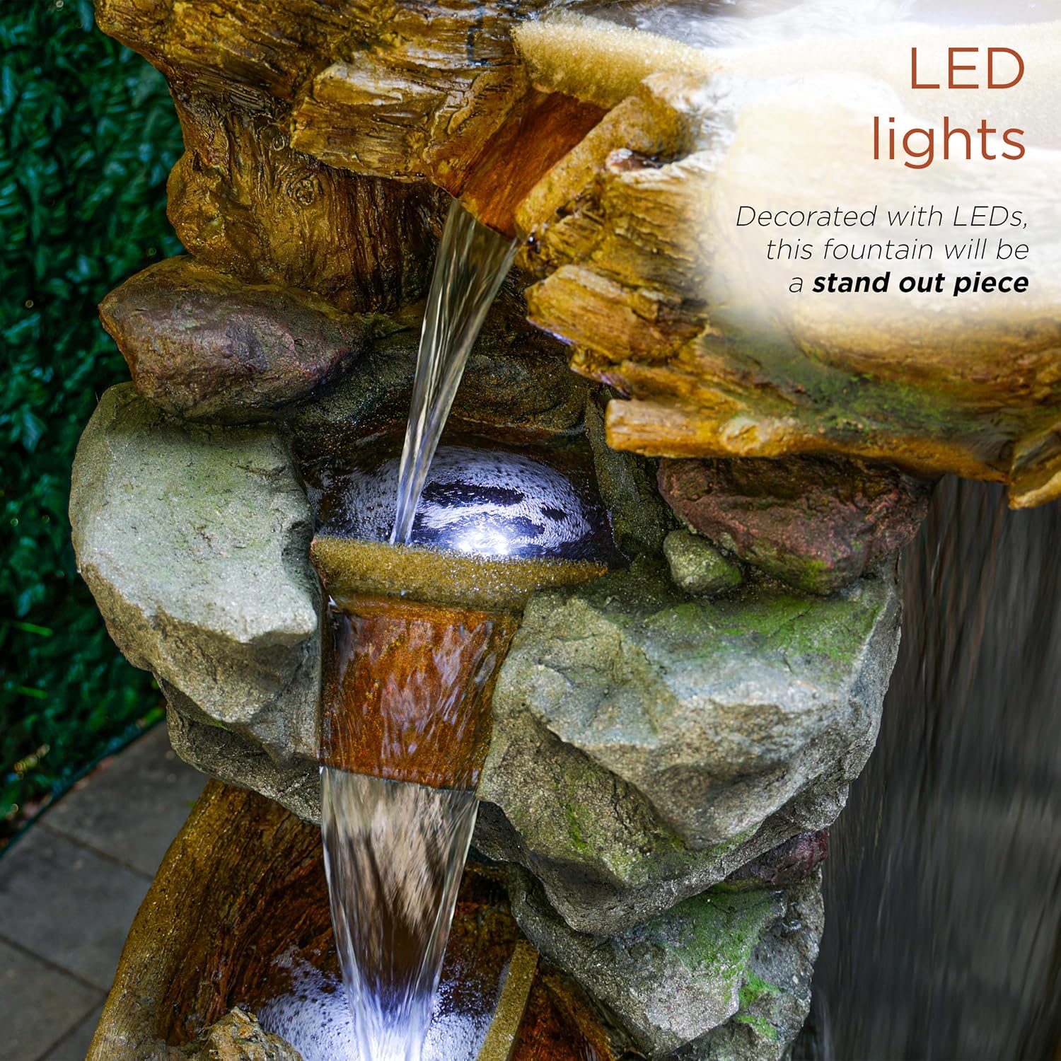 Alpine Corporation TZL404 71' Cascading Tree Trunk Fountain with LED Lights, Outdoor Waterfall Water Feature for Garden, Patio, Lawn & Backyard Decor, Relaxing Water Feature with Rustic Design