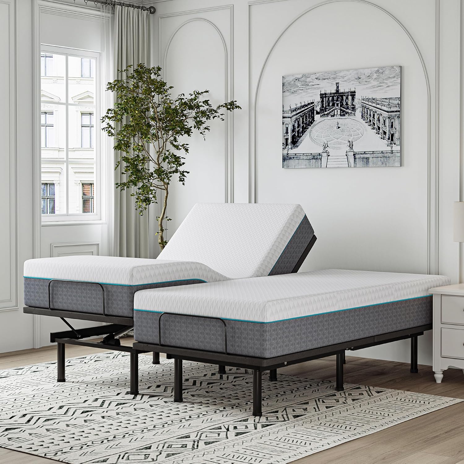 EGOHOME Split King Adjustable Bed Frame and 14 inch Charcoal Gel Memory Foam Mattress Set, Metal Foldable Bed Base with Remote, Independent Head and Foot Incline, Zero Gravity Mode, Easy Assembly