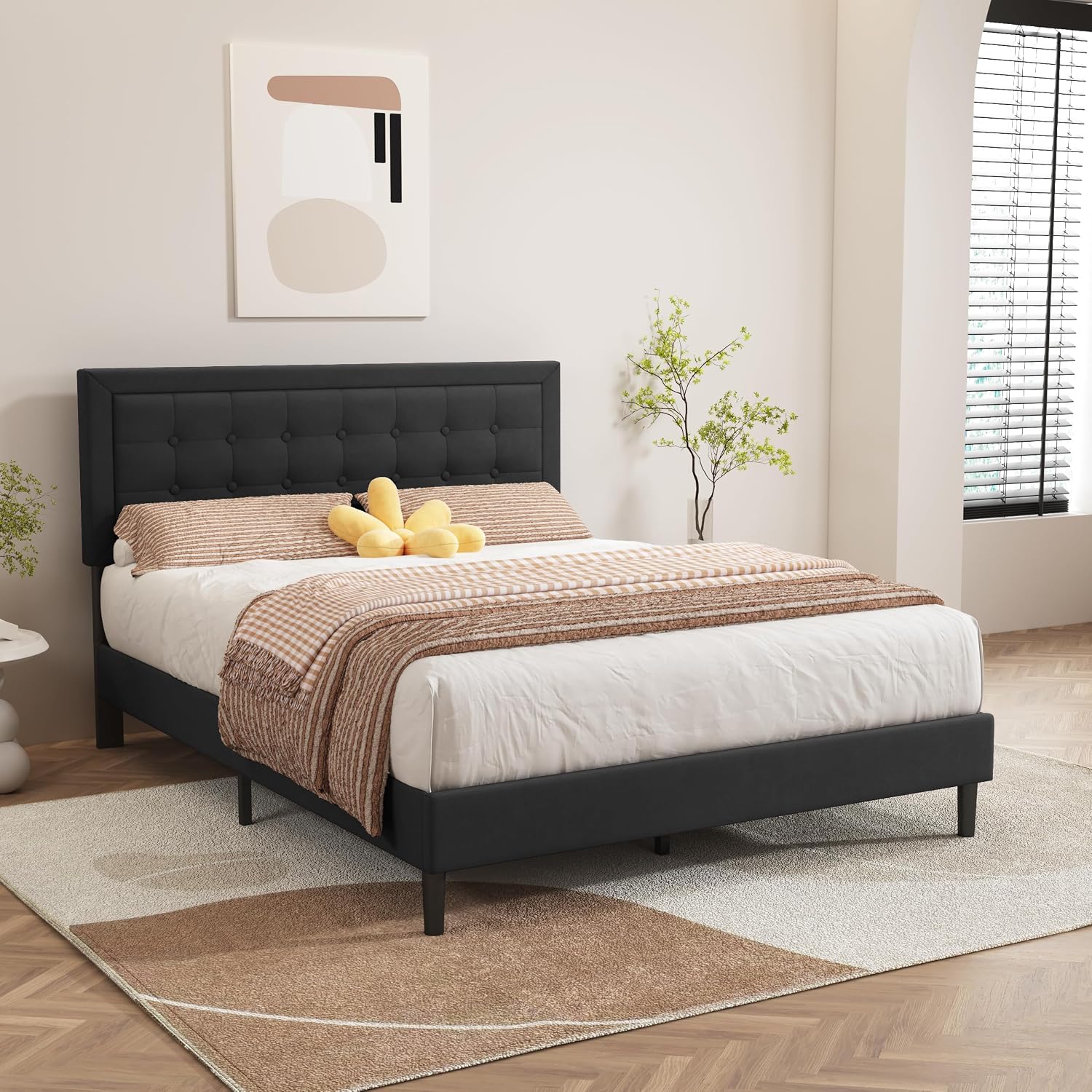 alazyhome Queen Size Black Modern Upholstered Platform Bed Frame with Button Tufting Headboard Solid Wood Slats Support No Box Spring Needed Easy Assembly