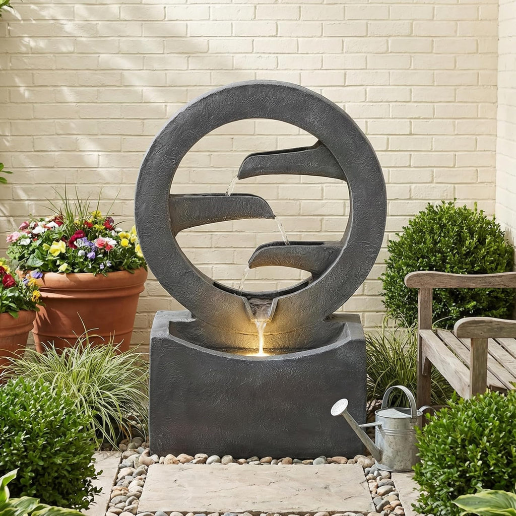 Merax 26.77' H Gray Circular Polyresin Outdoor Water Fountain with LED Light, Freestanding Modern Cascading Water Feature for Patio Garden Backyard Decor