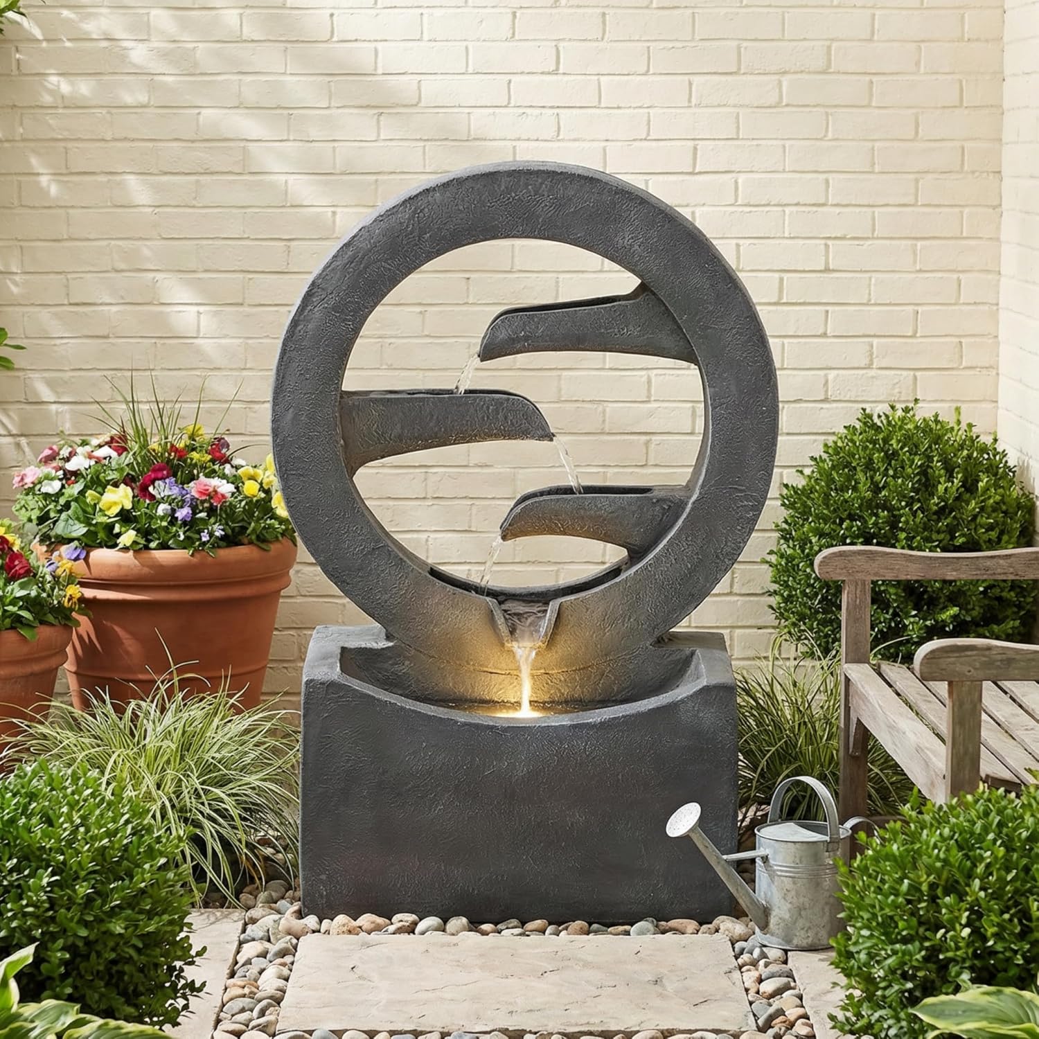 Merax 26.77' H Gray Circular Polyresin Outdoor Water Fountain with LED Light, Freestanding Modern Cascading Water Feature for Patio Garden Backyard Decor