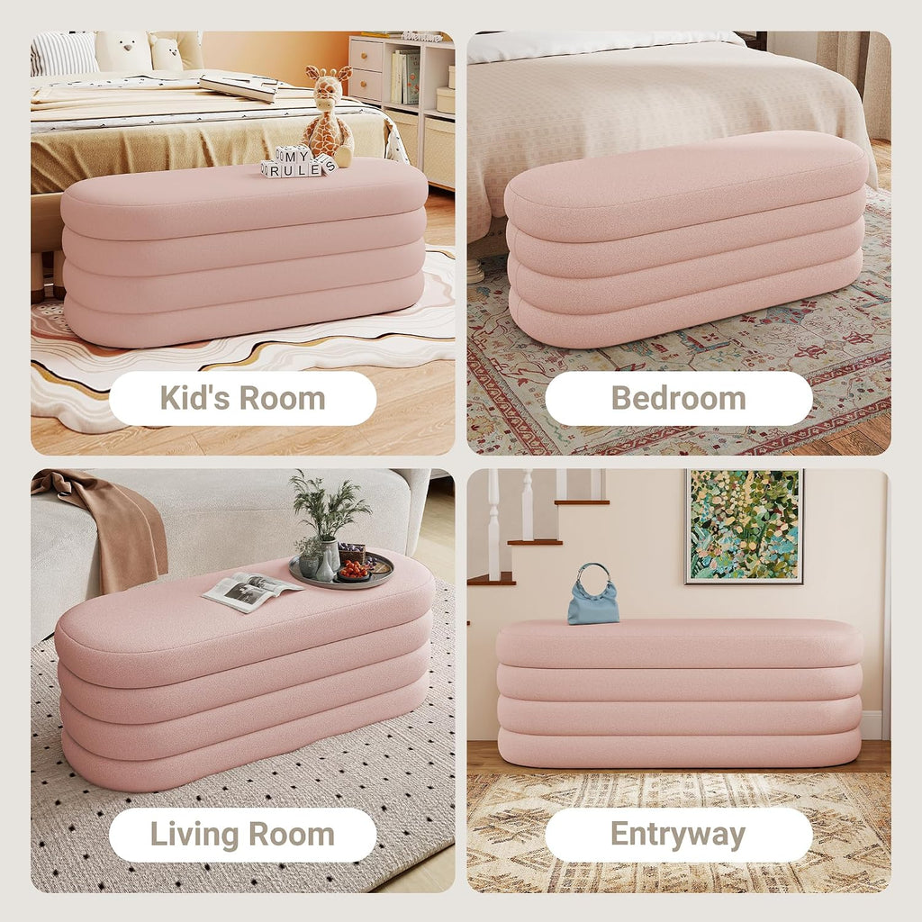 Busaurus Storage Ottoman Bench 49.2 Inch Upholstered Fabric Storage Bench for Bedroom End of Bed Aesthetic Large Oval Ottoman for Living Room Entryway (Pink)