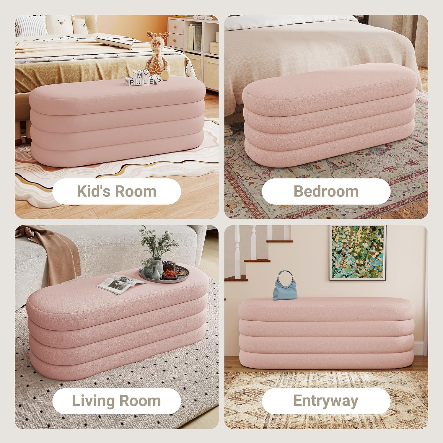 Busaurus Storage Ottoman Bench 49.2 Inch Upholstered Fabric Storage Bench for Bedroom End of Bed Aesthetic Large Oval Ottoman for Living Room Entryway (Pink)