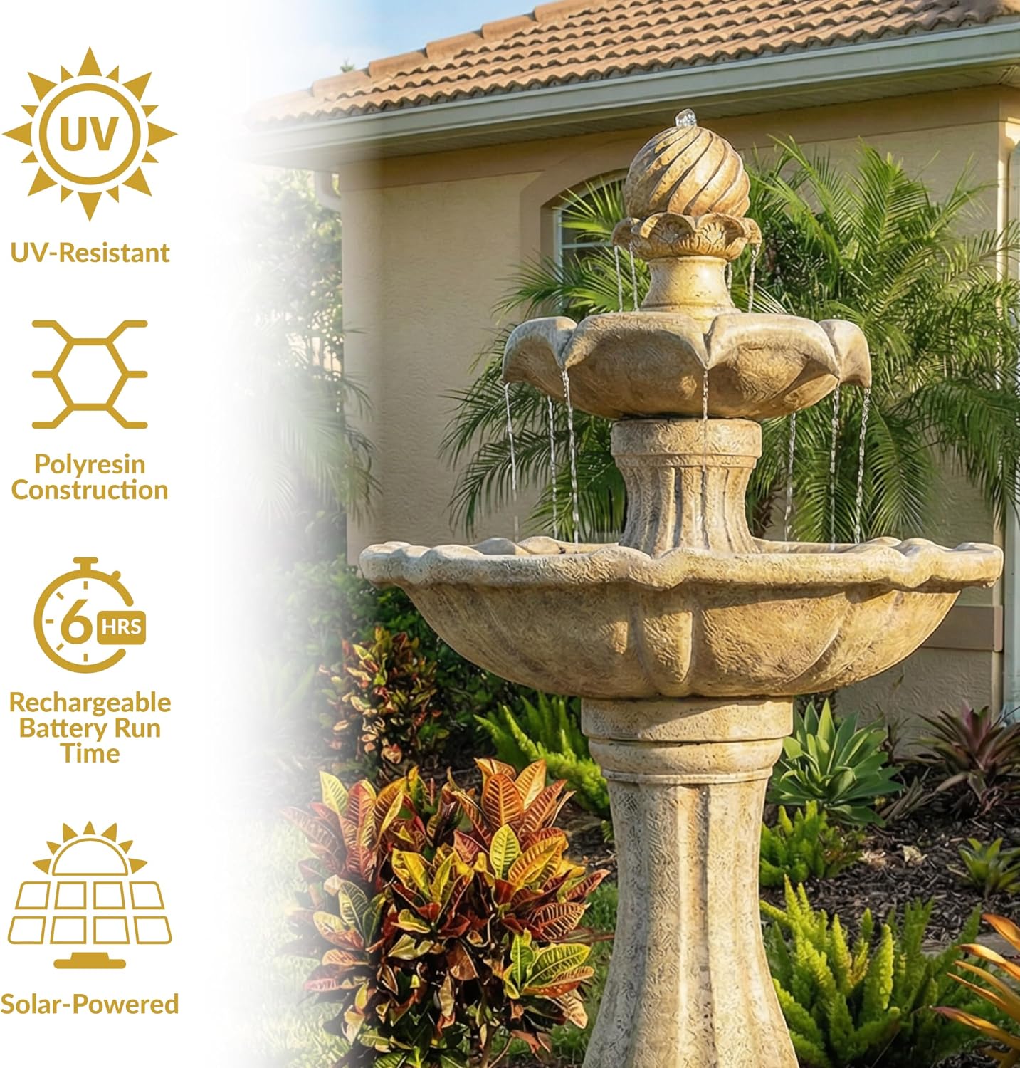 Sunnydaze 45-Inch 2-Tier Arcade Outdoor Solar Water Fountain - Outdoor Water Feature with LED Light for Garden, Patio, Yard or Balcony - Earth