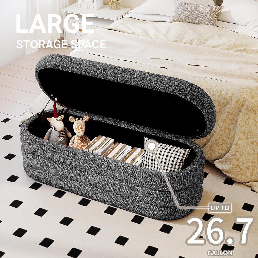 Busaurus Storage Ottoman Bench 49.2 Inch Upholstered Fabric Storage Bench for Bedroom End of Bed Aesthetic Large Oval Ottoman for Living Room(Grey)