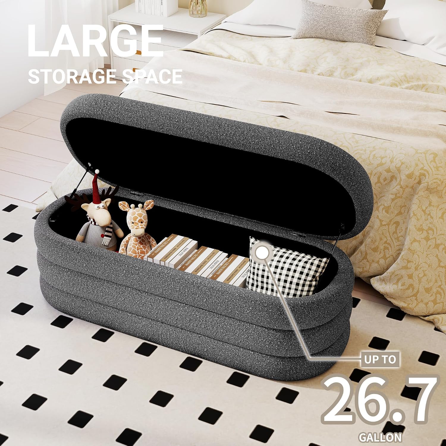 Busaurus Storage Ottoman Bench 49.2 Inch Upholstered Fabric Storage Bench for Bedroom End of Bed Aesthetic Large Oval Ottoman for Living Room(Grey)