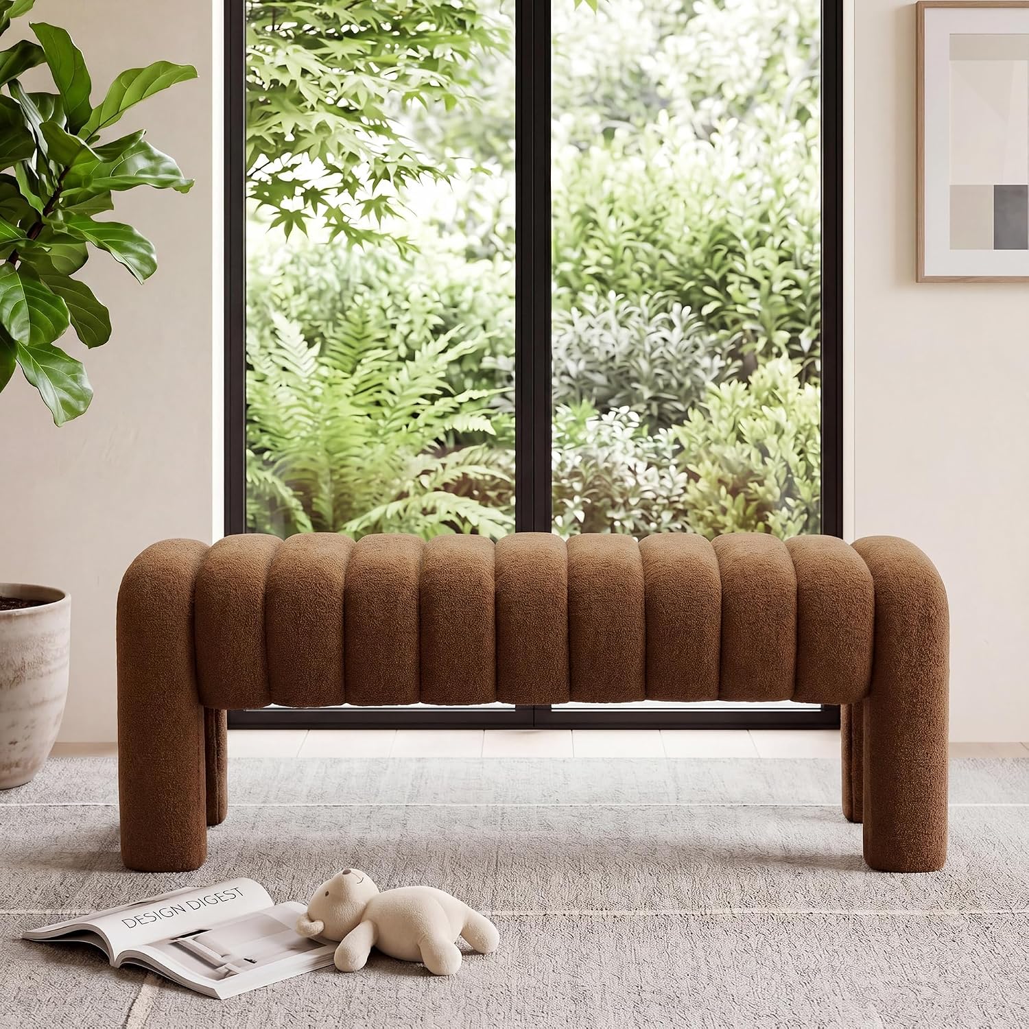 43' Upholstered Boucle Bench Bedroom, Padded Ottoman Bench, Sherpa Window Seat for Living Room Entryway End of Bed, Rust Brown