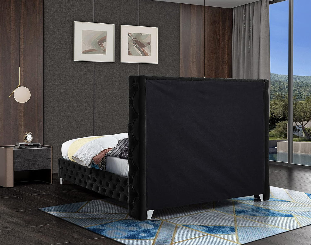 Meridian Furniture SavanBlack-F Savan Collection Modern | Contemporary Velvet Upholstered Bed with Deep Button Tufting in Gold or Chrome Finish, 66' W x 81' D x 56' H, Black, Full