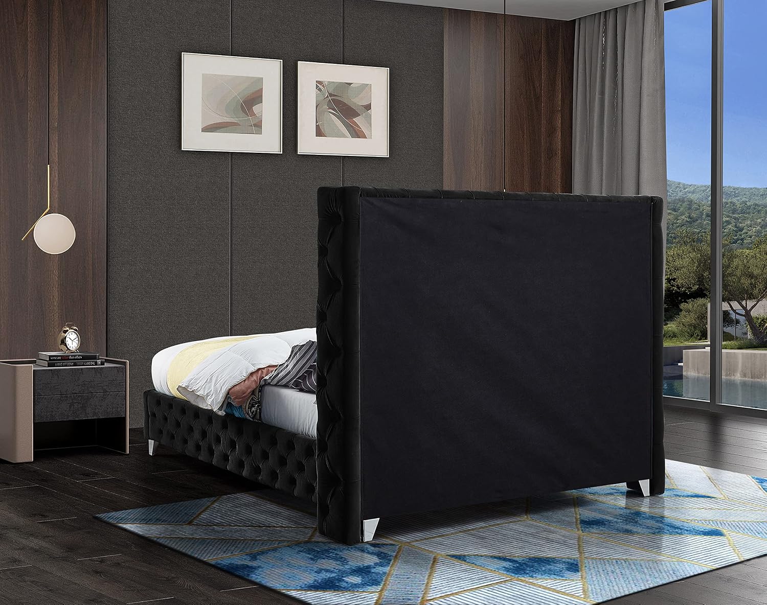 Meridian Furniture SavanBlack-F Savan Collection Modern | Contemporary Velvet Upholstered Bed with Deep Button Tufting in Gold or Chrome Finish, 66' W x 81' D x 56' H, Black, Full