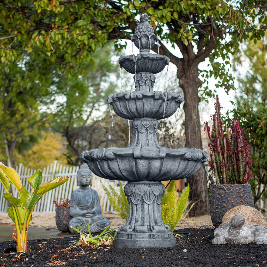 XBrand 58.3' 3-Tier Outdoor Freestanding Water Fountain - Classic Leaf Design, White Resin, Large Bird Bath with Pump - Ideal for Yard, Lawn and Garden, Porch Décor