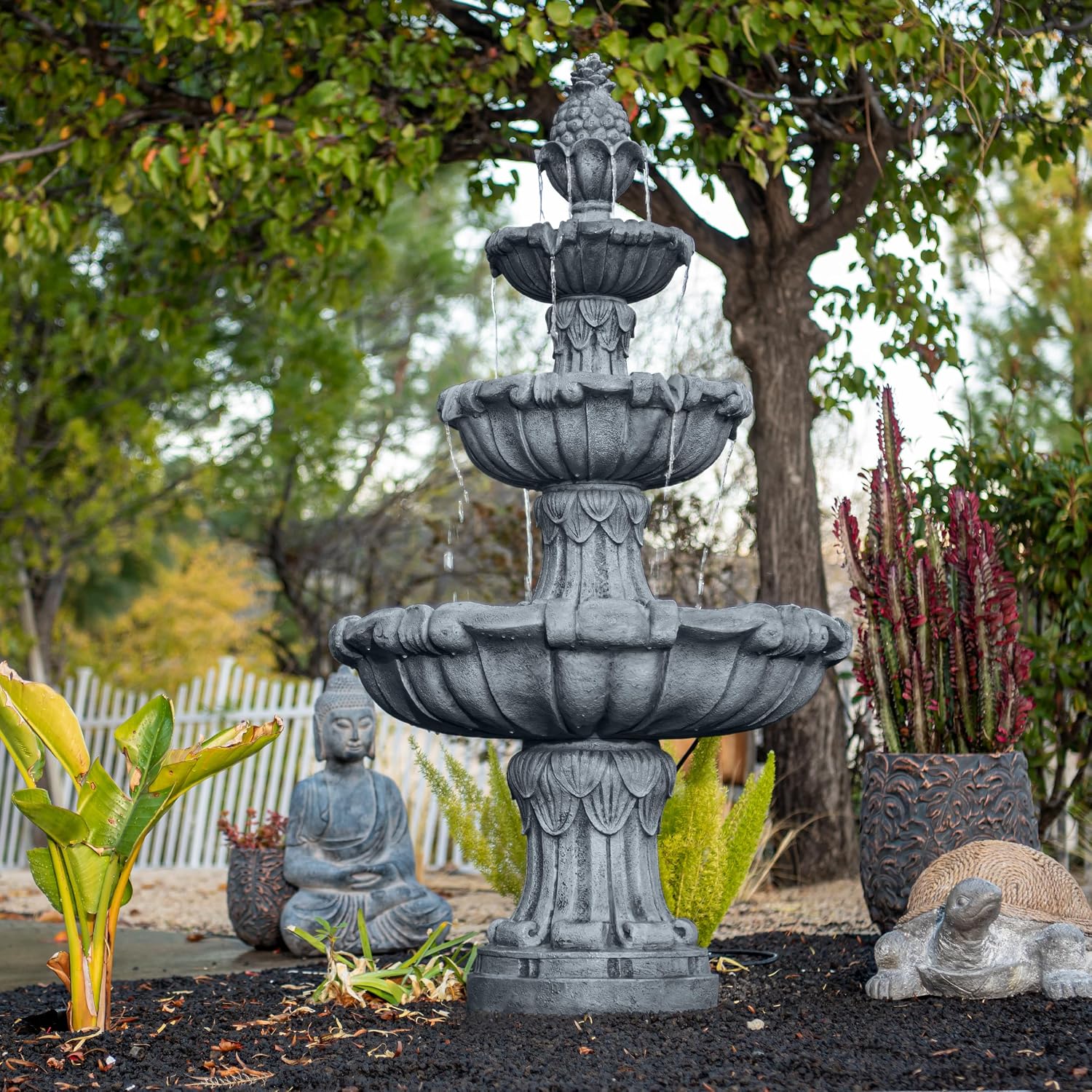 XBrand 58.3' 3-Tier Outdoor Freestanding Water Fountain - Classic Leaf Design, White Resin, Large Bird Bath with Pump - Ideal for Yard, Lawn and Garden, Porch Décor