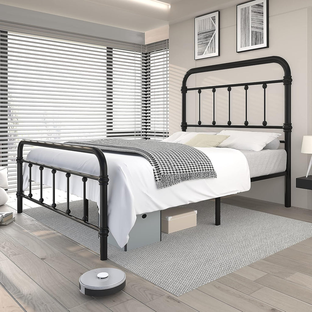 Queen-Bed-Frame with headboard Giselle-Vintage Antique-Metal - Platform Mattress Foundation,49 inch High,No Box Spring Needed(Black)