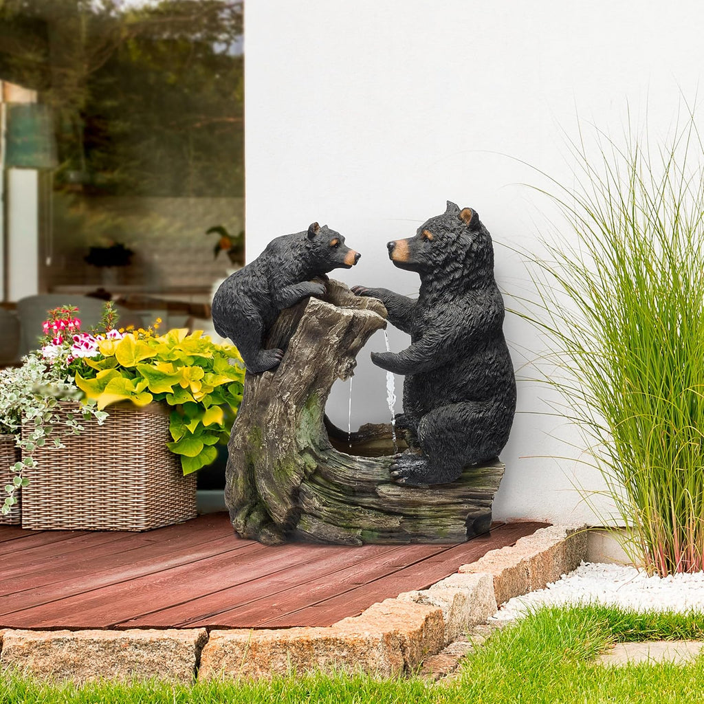 Alpine Corporation USA1132 Indoor/Outdoor Floor Bear and Cub on Log Fountain, Playful Bear and Cub Garden Fountain 26', Black