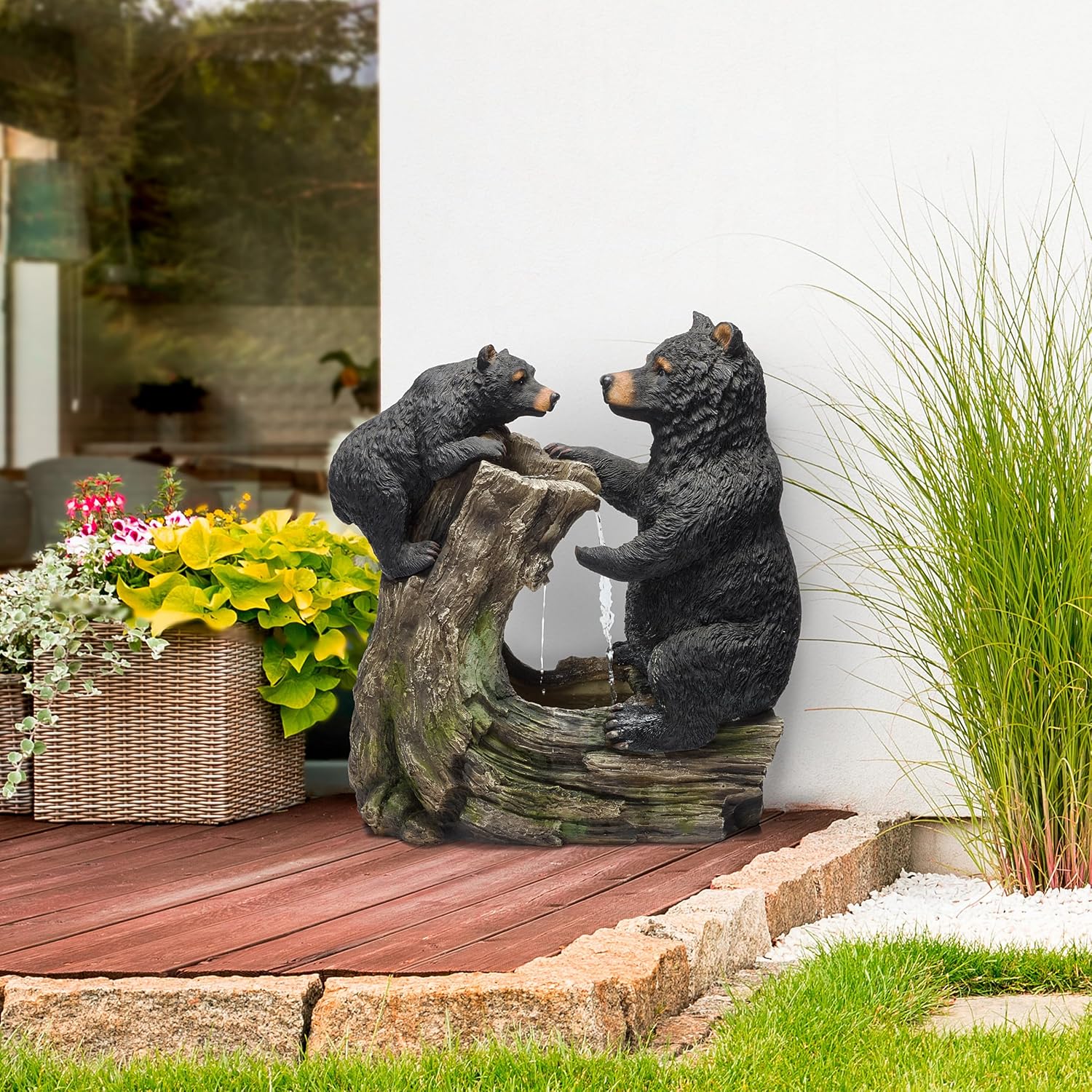 Alpine Corporation USA1132 Indoor/Outdoor Floor Bear and Cub on Log Fountain, Playful Bear and Cub Garden Fountain 26', Black