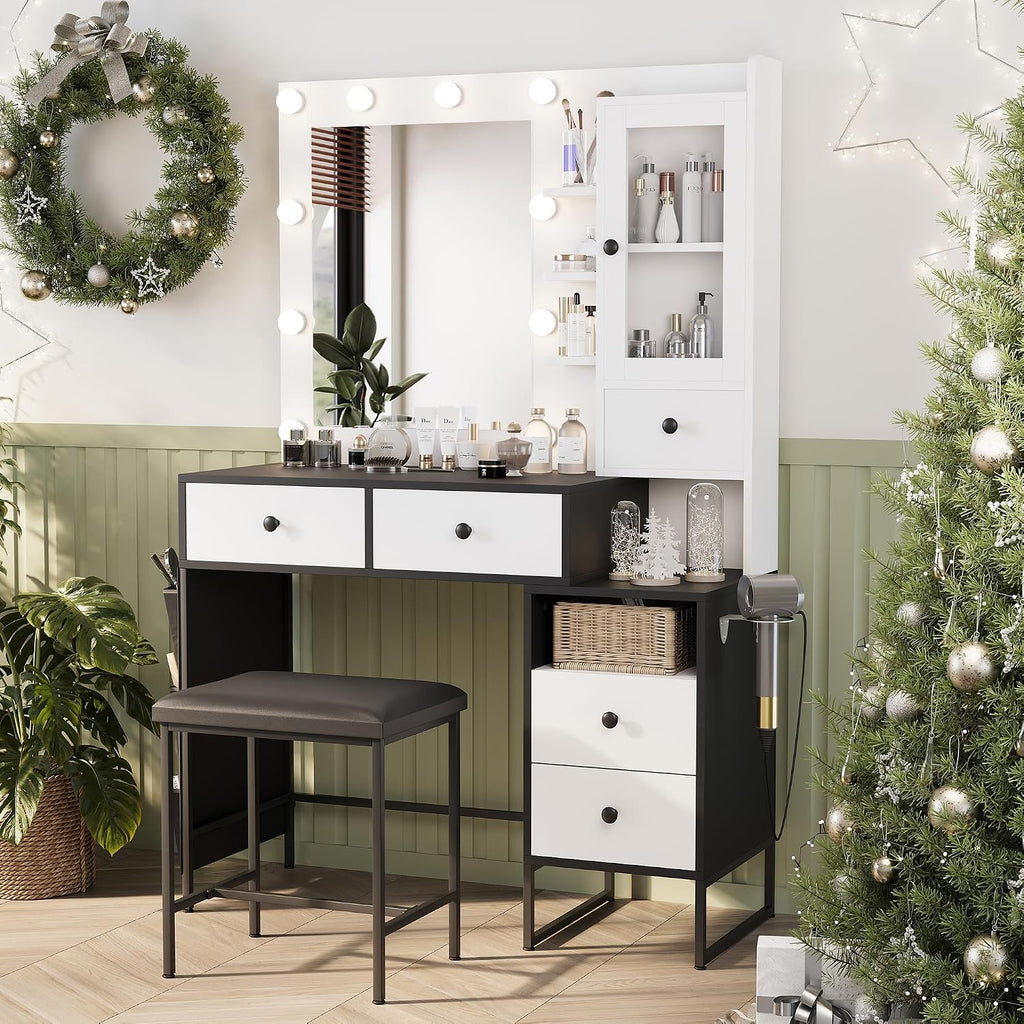 YIKEHOME Small Vanity Desk with Mirror and Lights, Girl Vanity Set with 3-Colour Light and Stool, Makeup Table with Drawers & Cabinet for Bedroom, White (005 White & Black, Large)