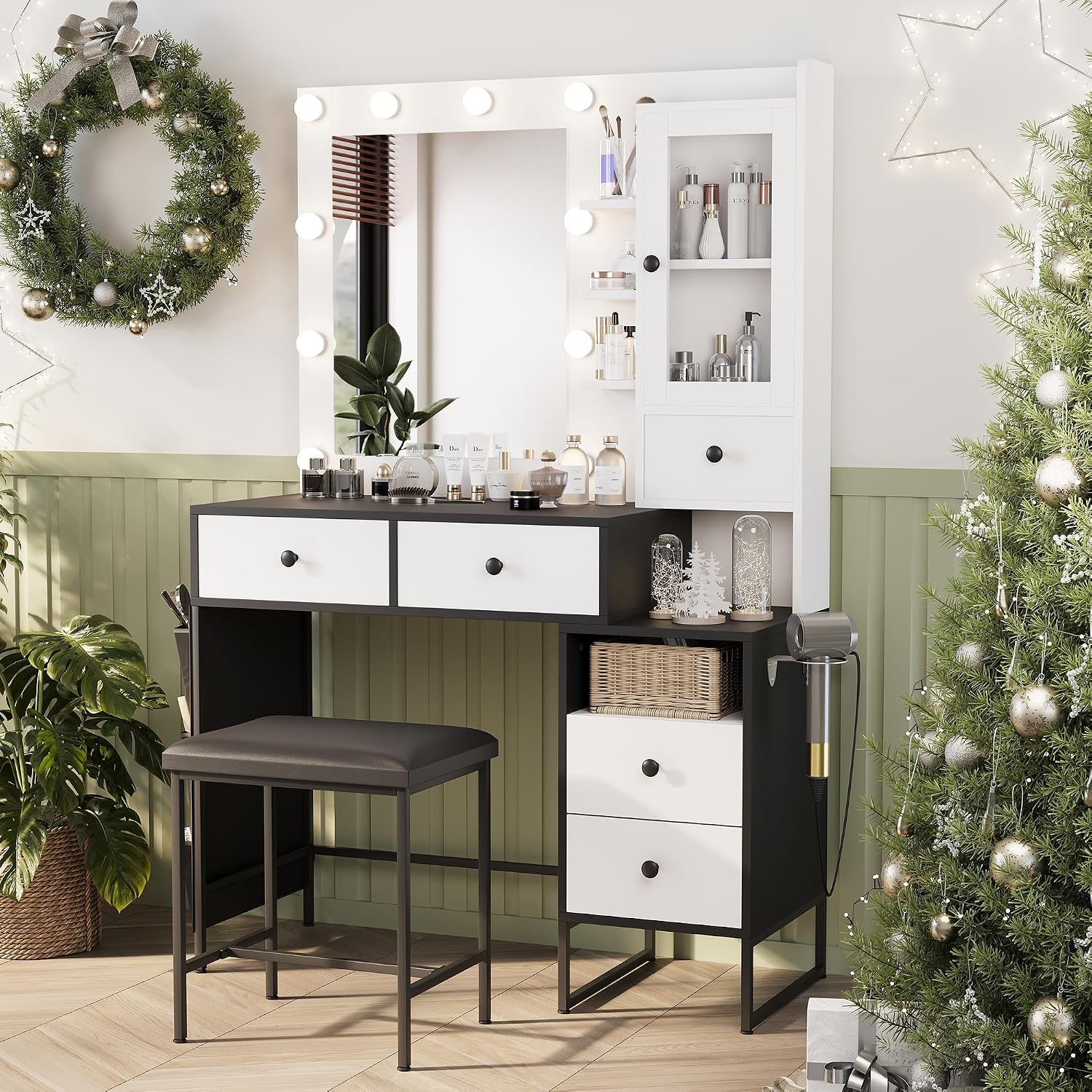 YIKEHOME Small Vanity Desk with Mirror and Lights, Girl Vanity Set with 3-Colour Light and Stool, Makeup Table with Drawers & Cabinet for Bedroom, White (005 White & Black, Large)