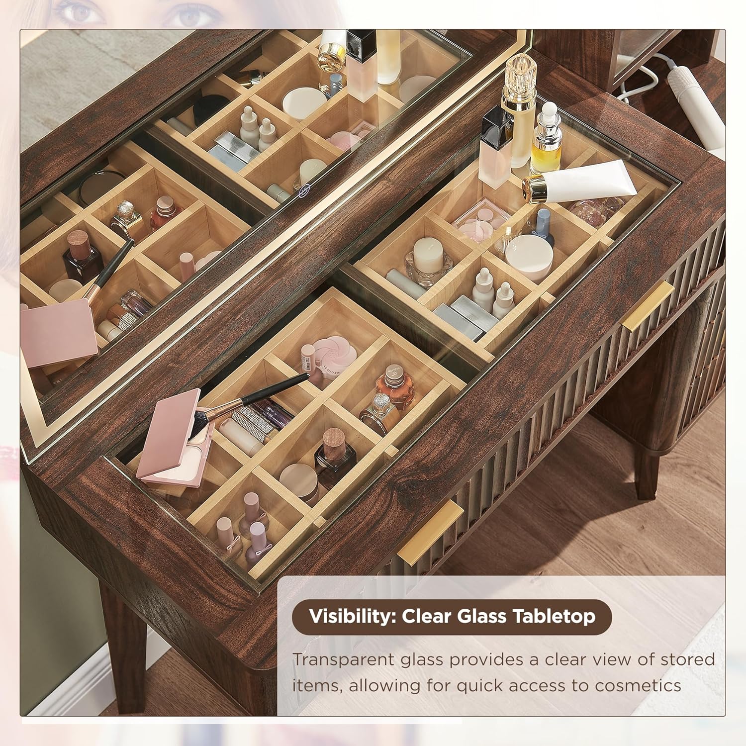 T4TREAM 48' Fluted Makeup Vanity Desk with Large 36' Mirror and Lights, Modern Glass Top Big Vanity Table w/5 Drawers & Adjustable Shelves, Dressing Table w/Charging Station for Bedroom, Dark Walnut