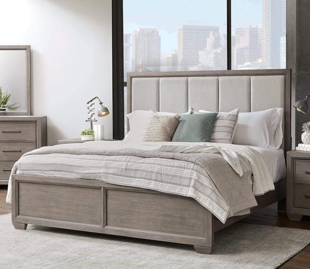 Roundhill Furniture Ennesley Gray Wood Upholstered Panel Bed, Queen Size