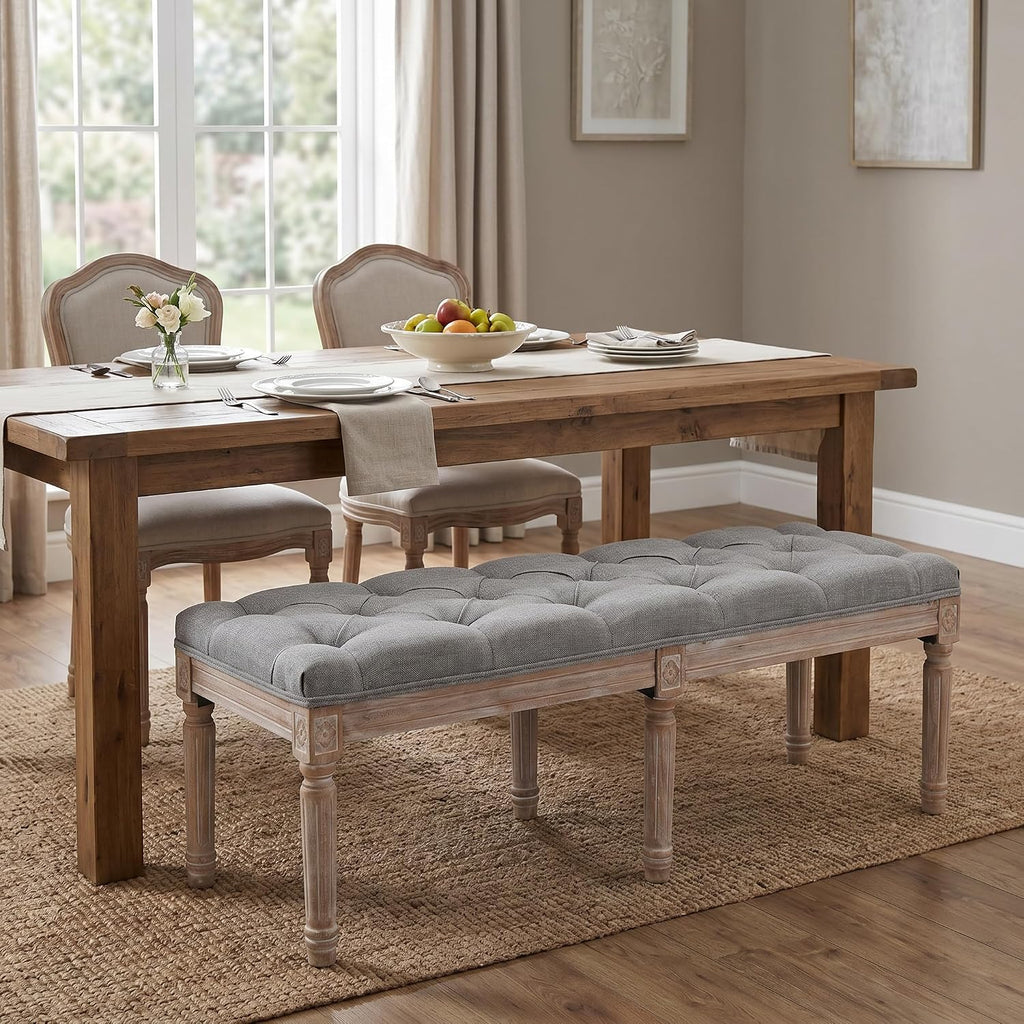 Farmhouse Dining Bench 45' Long Vintage Tufted Bench with Wood Legs Upholstered Entryway Bench Fabric End of Bed Bench for Bedroom Living Room Hallway, Grey
