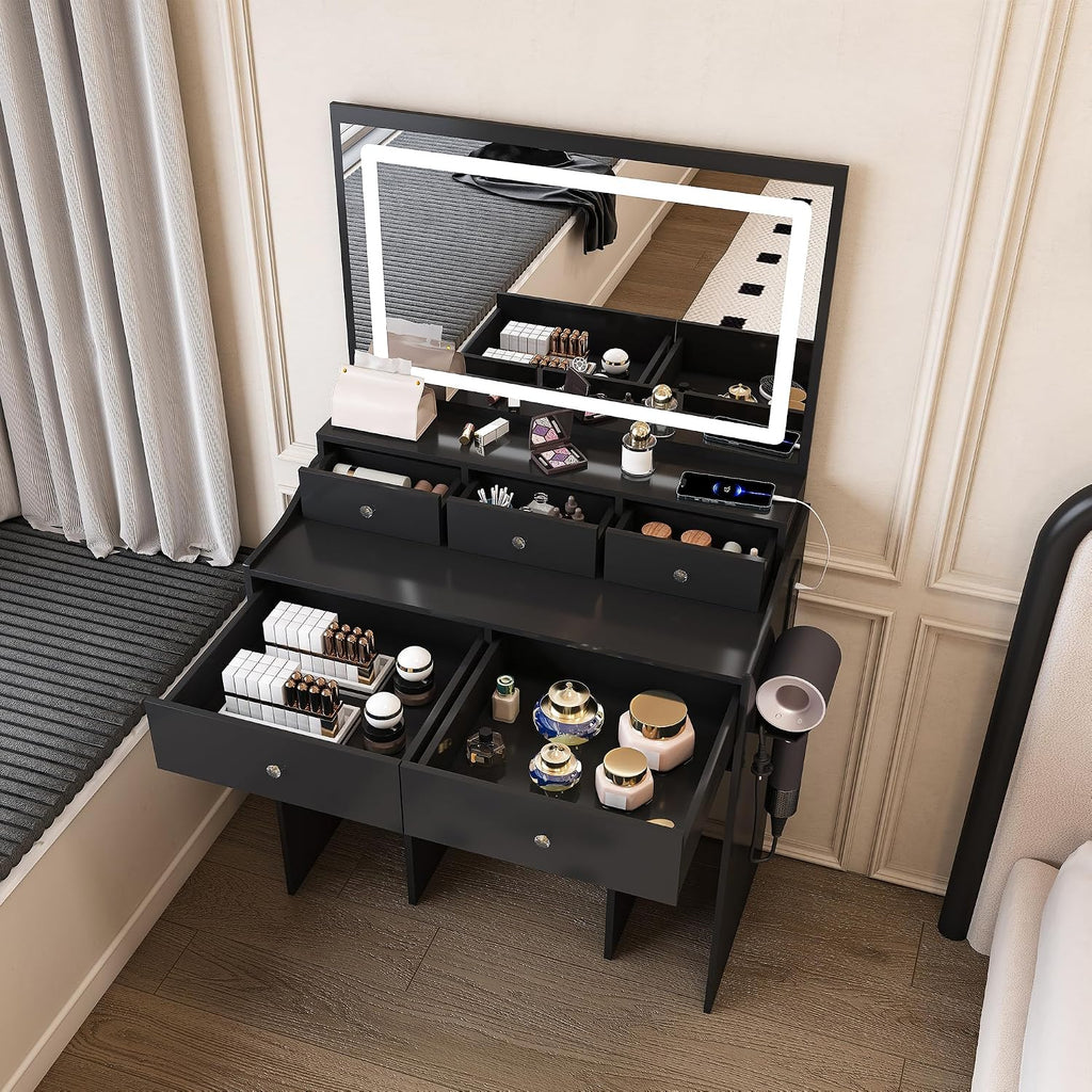 Vanity Desk with Large Mirror and Stool, Makeup Table with LED Lighted - 3 Color Models, Makeup Desk with 5 Drawers & Power Outlet, Dressing Makeup Table for Women Girls Bedroom, Black