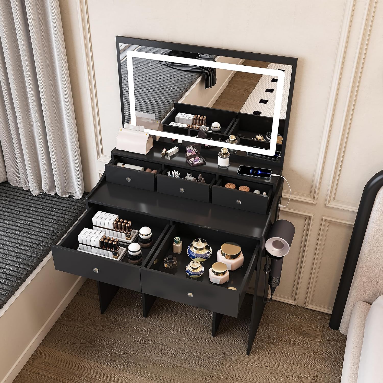Vanity Desk with Large Mirror and Stool, Makeup Table with LED Lighted - 3 Color Models, Makeup Desk with 5 Drawers & Power Outlet, Dressing Makeup Table for Women Girls Bedroom, Black