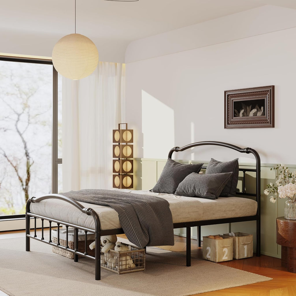 ZIYOO Vintage 14 Inch Queen Metal Bed Frame with Victorian-Style Headboard & Footboard, Sturdy Platform Design, Under Bed Storage, No Box Spring Needed, Noise Free, Elegant Black