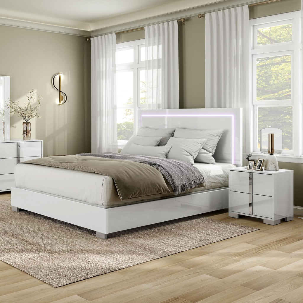 Furniture of America Alistair Modern Wood 2-Piece Bedroom Set with LED on Headboard Bed, Ball-Bearing Glides, Vertical Chrome Handles on Nightstand, Box Spring Required, Queen, White