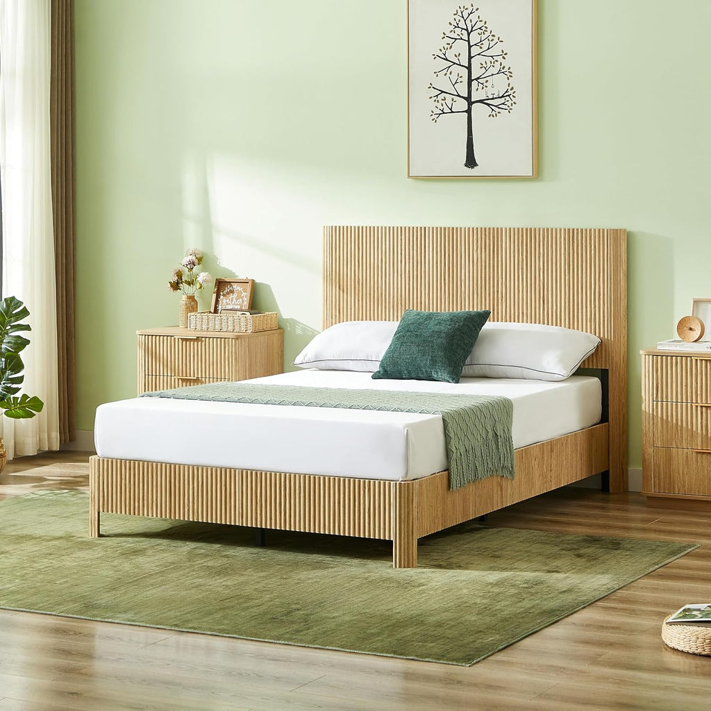 Full Size Wood Bed Frame with Headboard, Modern Retro Walnut Platform Beds Frames, Mid Century Rustic Wooden Bedroom Floor-BedFrame, No Box Spring Needed, Easy Assembly (Oak, Full, Metal Base)