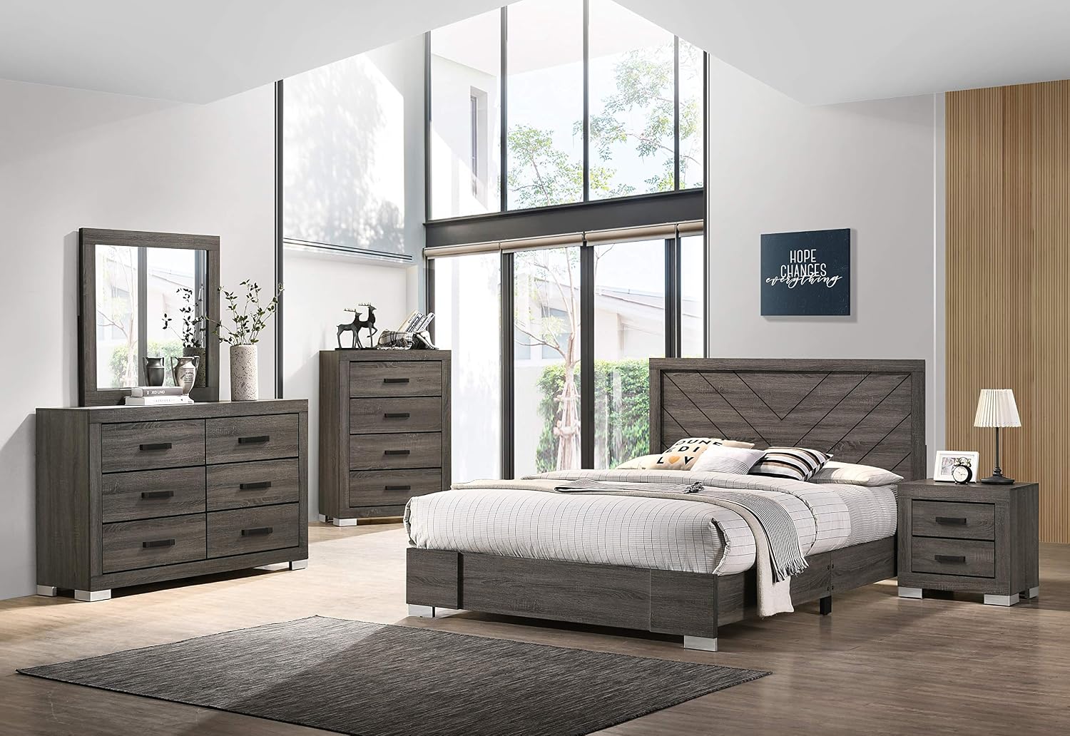 Kings Brand Furniture 3-Piece Oak Gray with Chrome Legs Bedroom Set - Wood Bed Frame with 2 Nightstands (King)