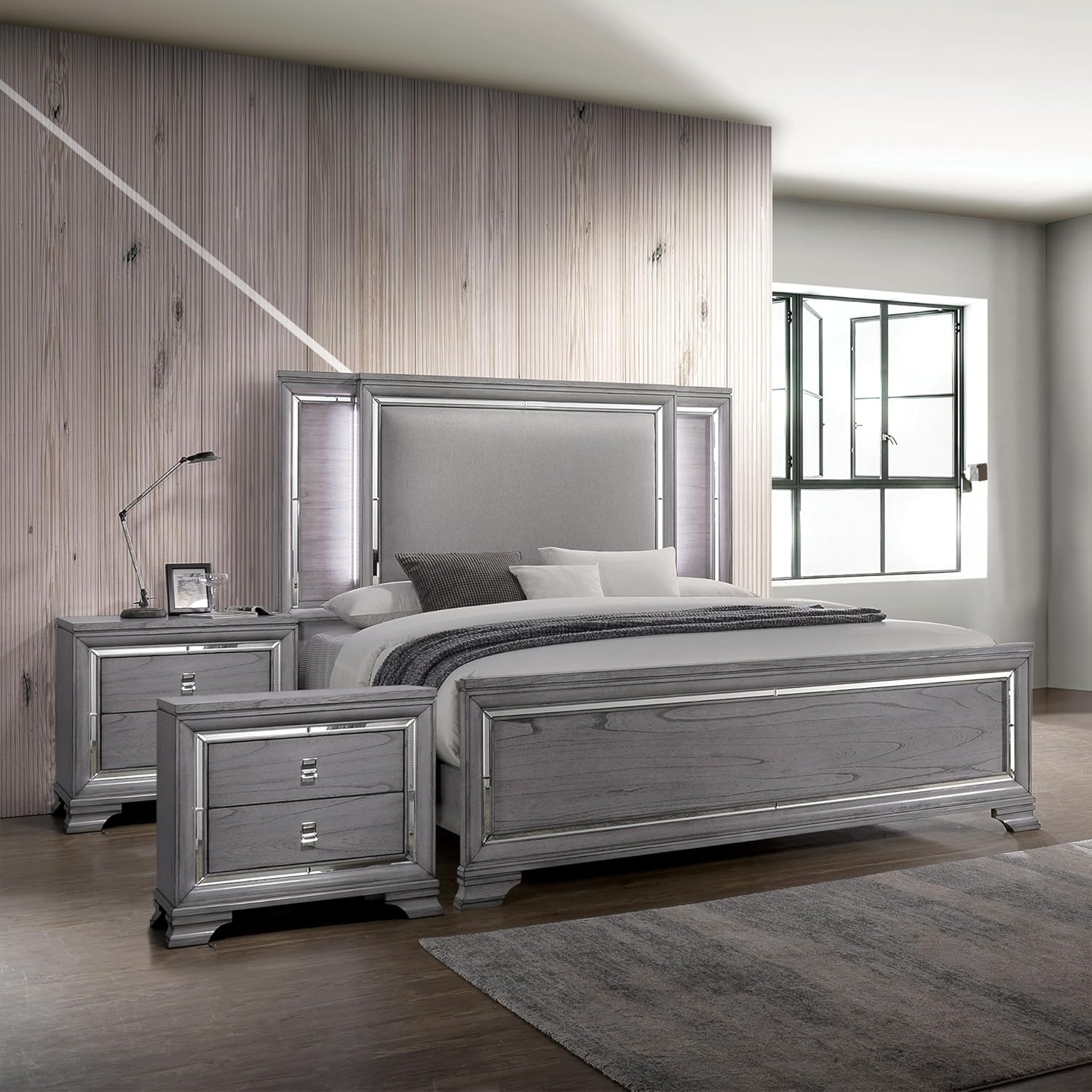 Furniture of America Zenka Wood Frame 3-Piece Bedroom Set, King-Size Bed with Lighted & Padded Headboard and 2-Drawer Nightstand, Felt-Lined Top Storage, Box Spring Required, Light Gray