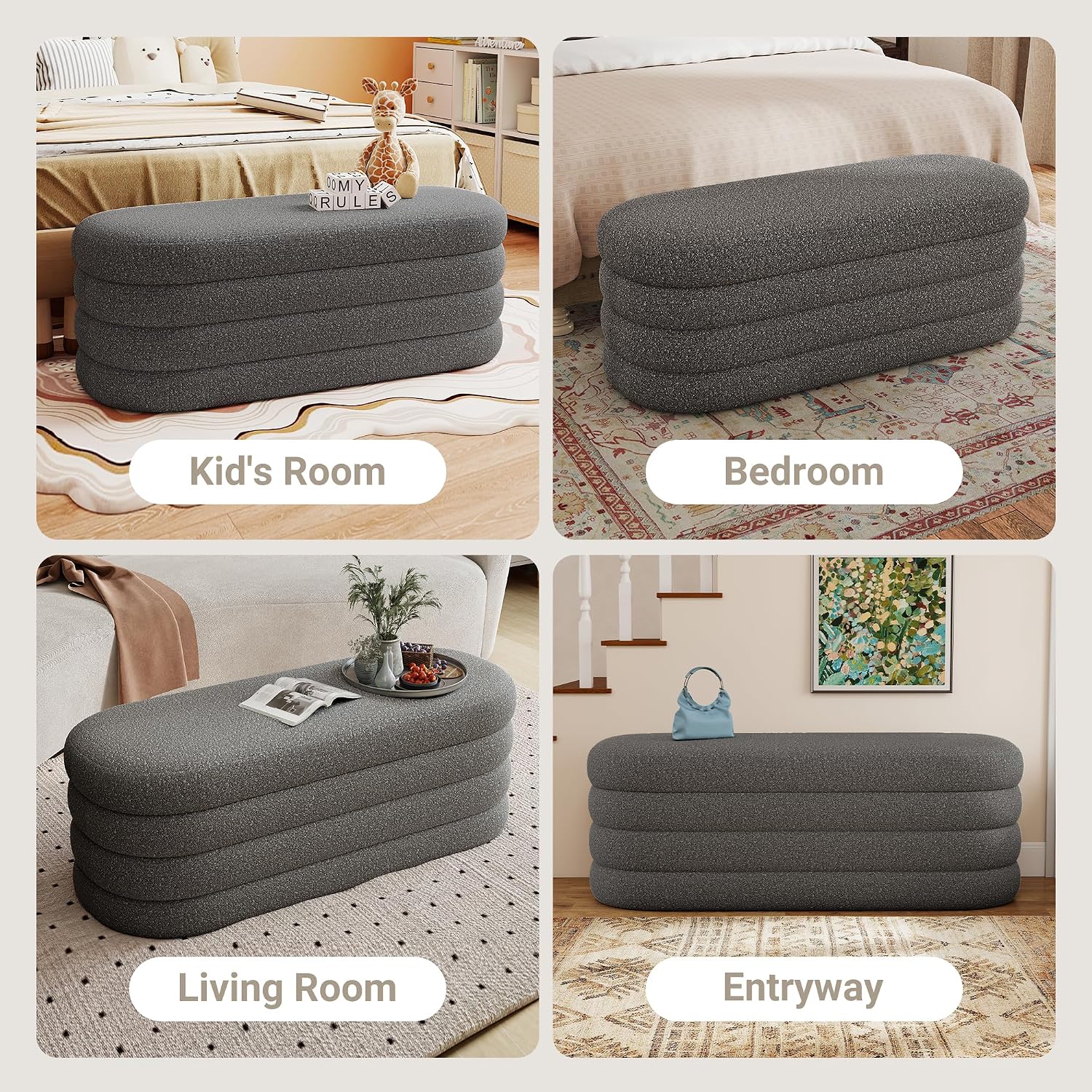 Busaurus Storage Ottoman Bench 49.2 Inch Upholstered Fabric Storage Bench for Bedroom End of Bed Aesthetic Large Oval Ottoman for Living Room(Grey)