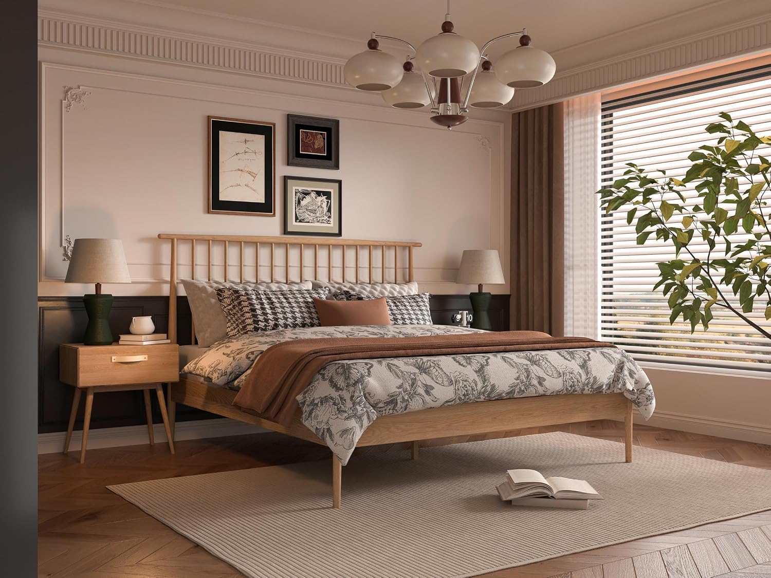 Crafters and Weavers Isabella Mid Century Solid White Oak Bedroom Set (King Bed + 2 Nightstands)