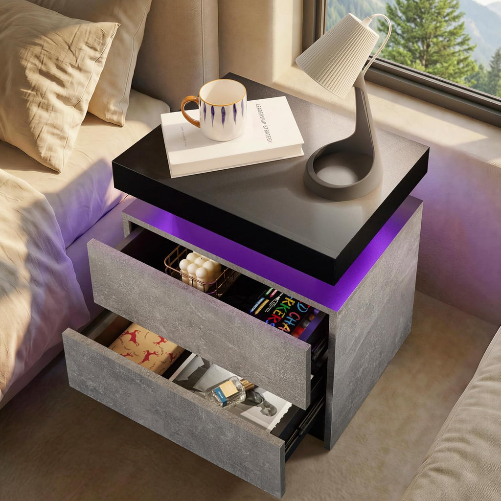 i-aplus Nightstand Set of 2 LED Nightstand with 2 Drawers, Bedside Table with Drawers for Bedroom Furniture, Side Bed Table with LED Light, Grey Black