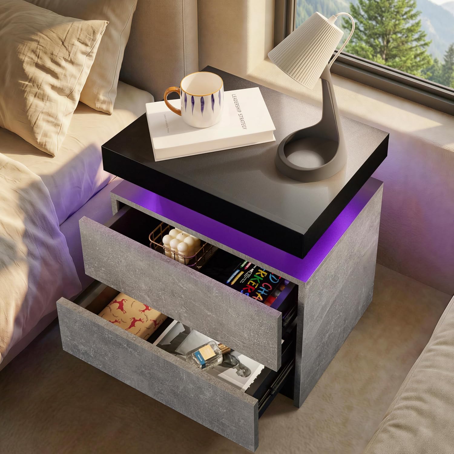 i-aplus Nightstand Set of 2 LED Nightstand with 2 Drawers, Bedside Table with Drawers for Bedroom Furniture, Side Bed Table with LED Light, Grey Black