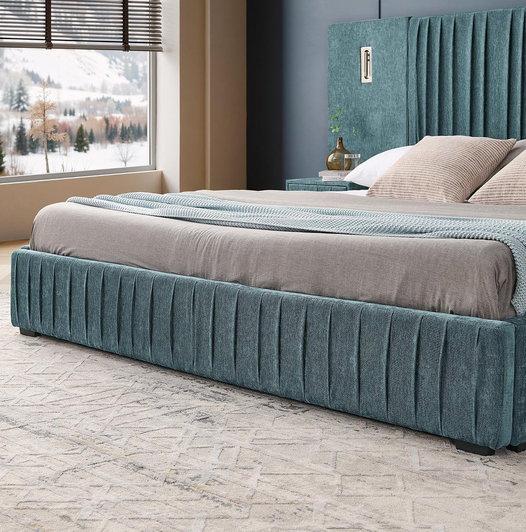 King Size Upholstered Platform Bed Frame with Headboard & Built-in Nightstand, Luxury Bed Frame for Modern Bedroom Sets, No Box Spring Needed, Stable & Adjustable Lighting(Blue-Green)