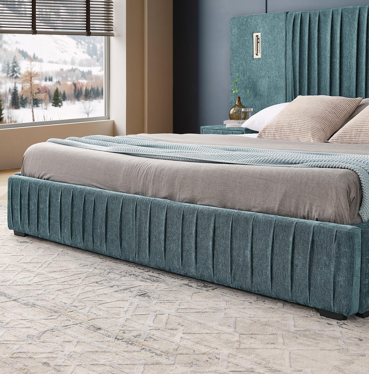 King Size Upholstered Platform Bed Frame with Headboard & Built-in Nightstand, Luxury Bed Frame for Modern Bedroom Sets, No Box Spring Needed, Stable & Adjustable Lighting(Blue-Green)