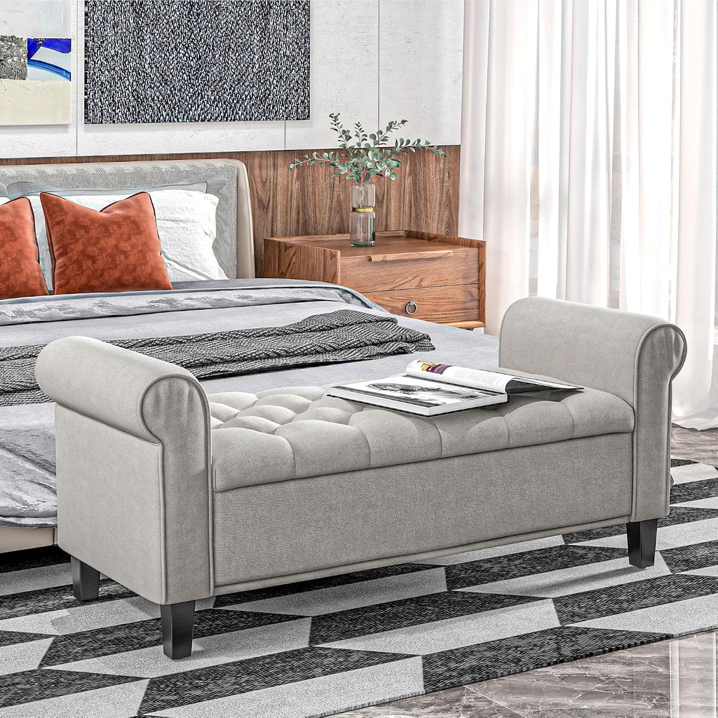 50' Storage Ottoman Bench, Upholstered End of Bed Bench with Rolled Arms, Wood Legs, Button Tufted Storage Bench with Safety Hinges for Living Room, Entryway, Bedroom, Gray