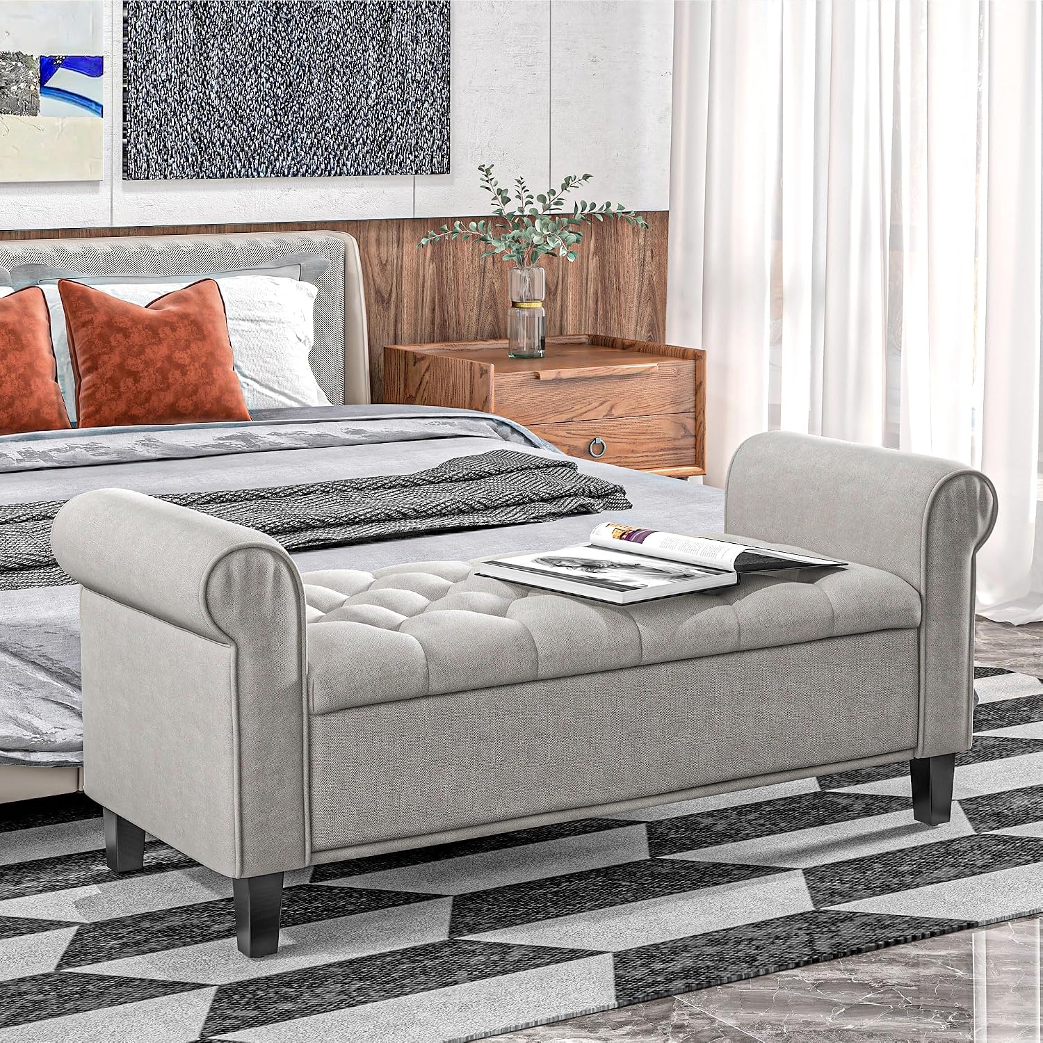50' Storage Ottoman Bench, Upholstered End of Bed Bench with Rolled Arms, Wood Legs, Button Tufted Storage Bench with Safety Hinges for Living Room, Entryway, Bedroom, Gray