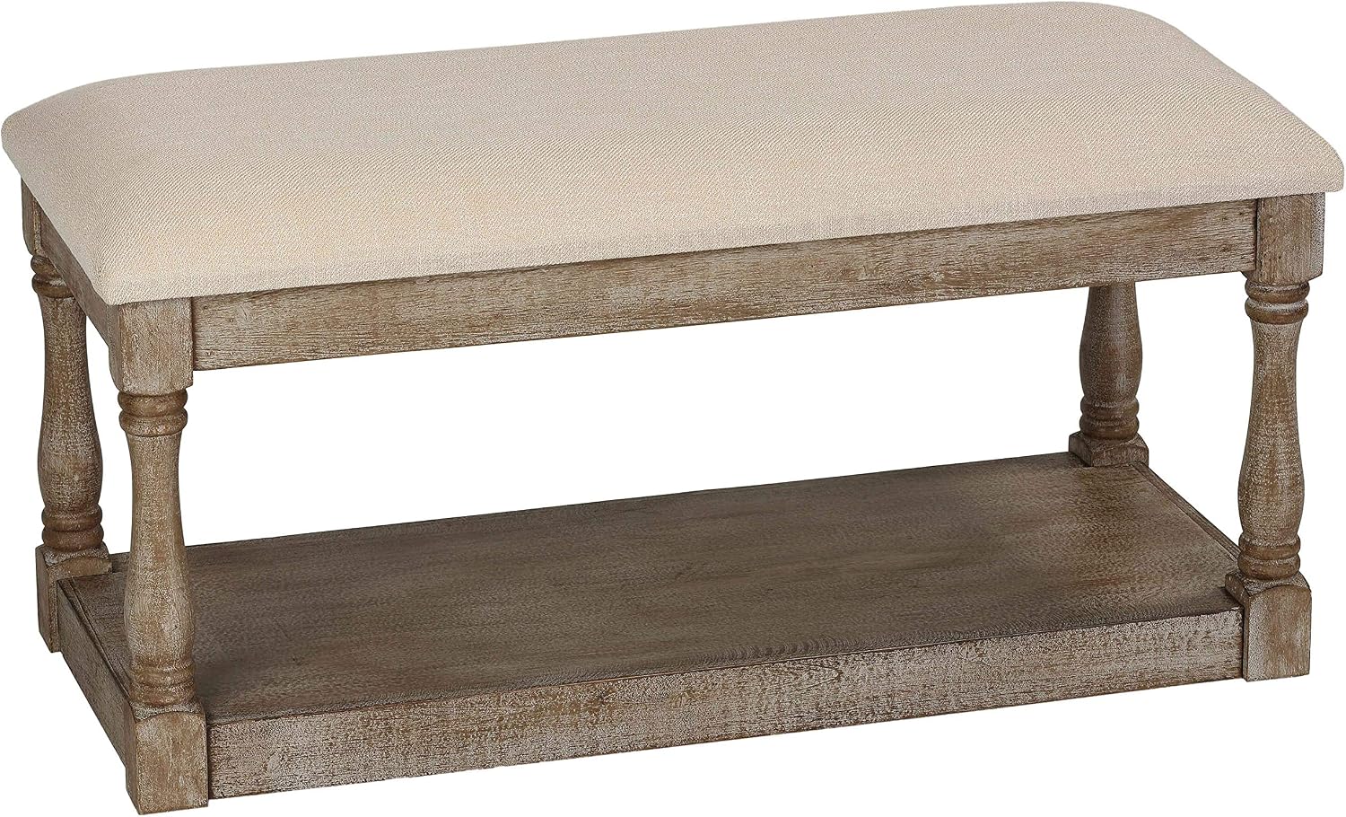 Cortesi Home Dahlia Wooden Bench Ottoman, Distressed Wood and Beige Fabric