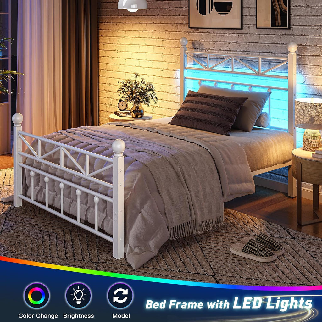 EnHomee 14.2' Metal Twin Bed Frames with Tall Headboard & Footboard, LED Light Twin Bed Frame, Strong Metal Slats Support and Noise-Free Design with Under Bed Storage/No Box Spring Needed/White