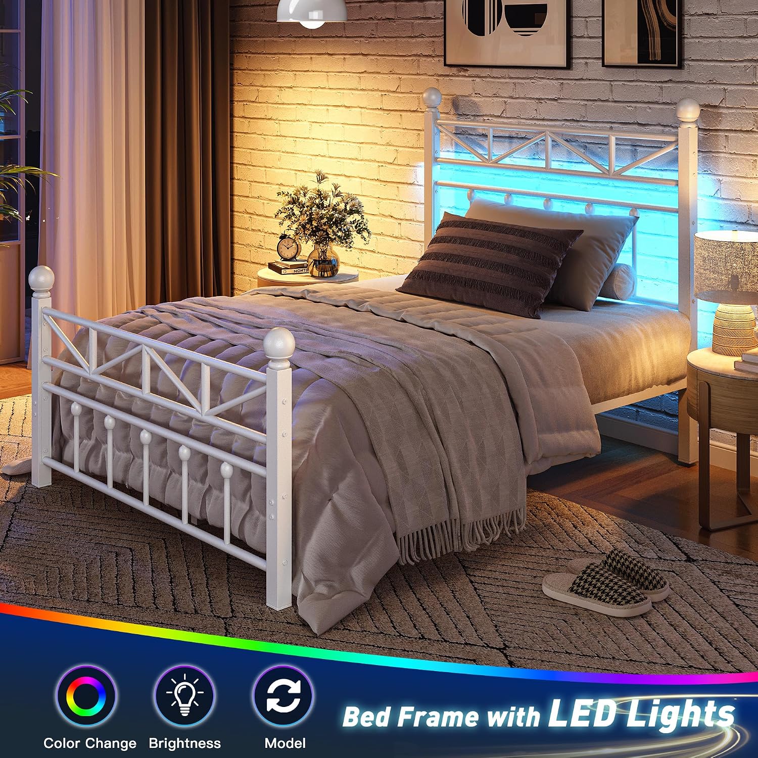 EnHomee 14.2' Metal Twin Bed Frames with Tall Headboard & Footboard, LED Light Twin Bed Frame, Strong Metal Slats Support and Noise-Free Design with Under Bed Storage/No Box Spring Needed/White